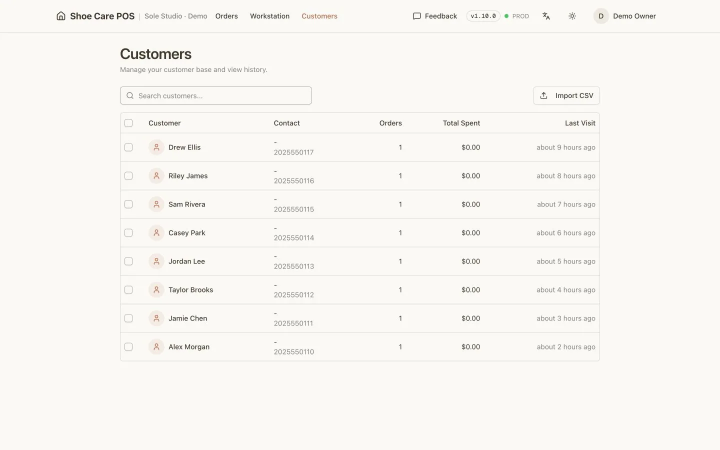 CleaningPOS customer list showing fictional customers, contact details, order counts, total spent, and last visit.