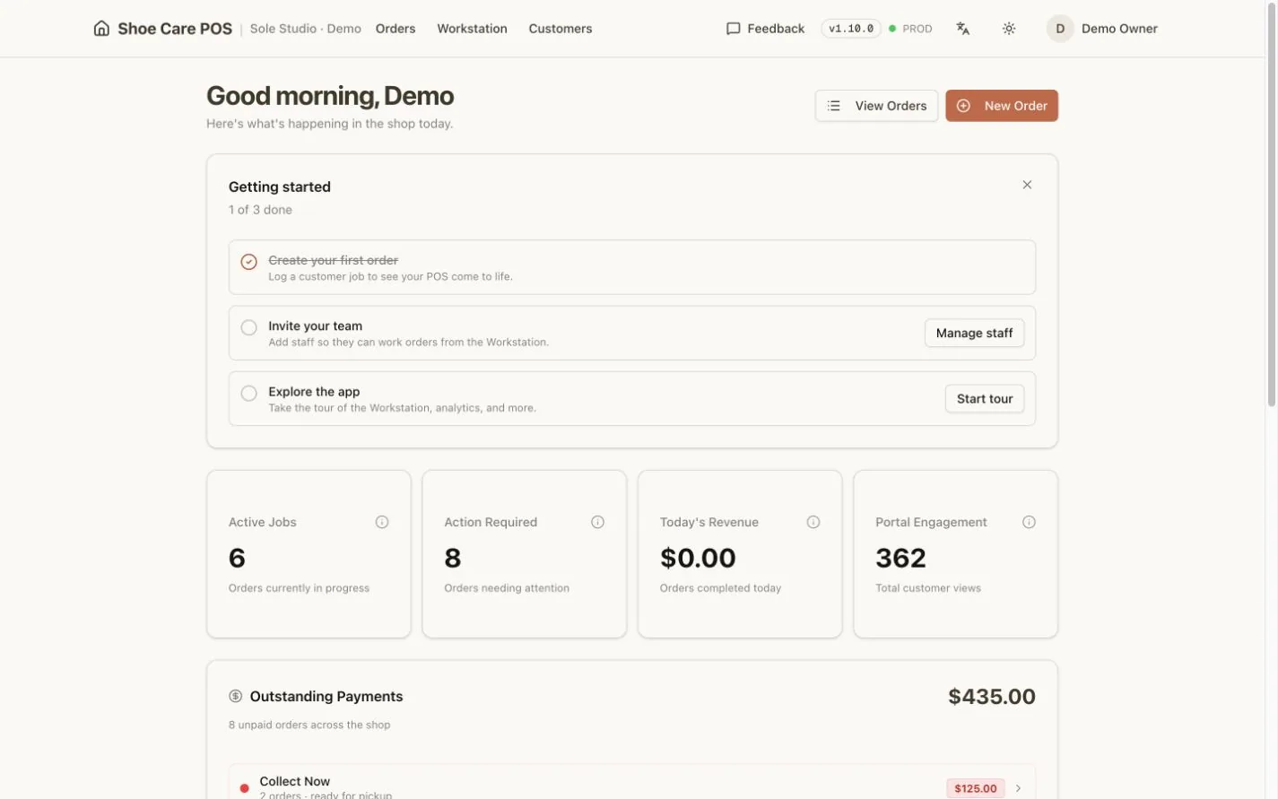 CleaningPOS shop dashboard showing active jobs, action required, revenue, portal engagement, and outstanding payments using fictional demo data.
