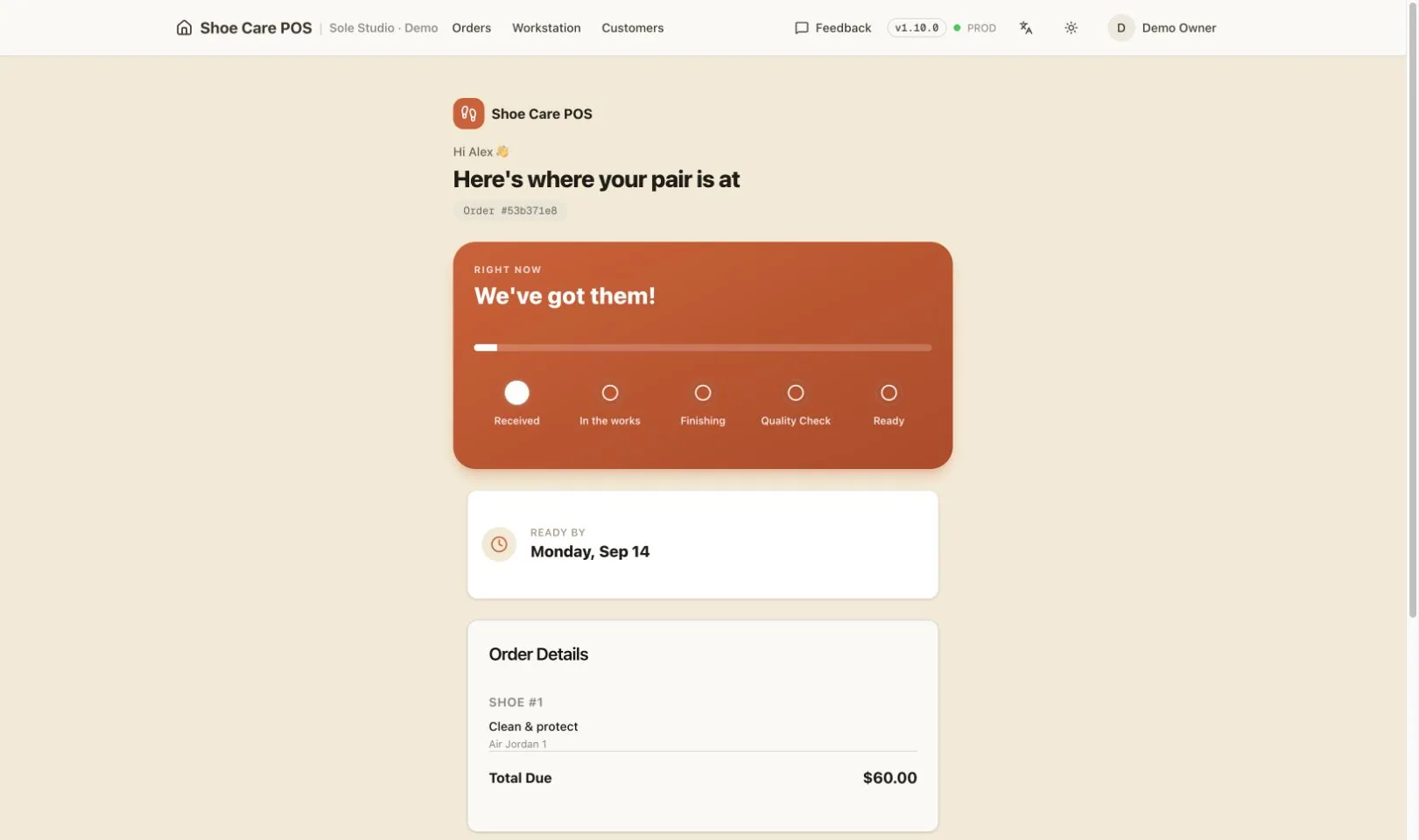 CleaningPOS customer status page for a fictional pair.