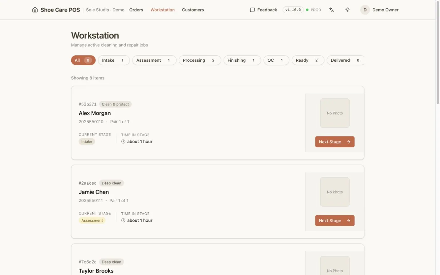 CleaningPOS workstation showing fictional shoe cleaning jobs grouped by their current production stage.