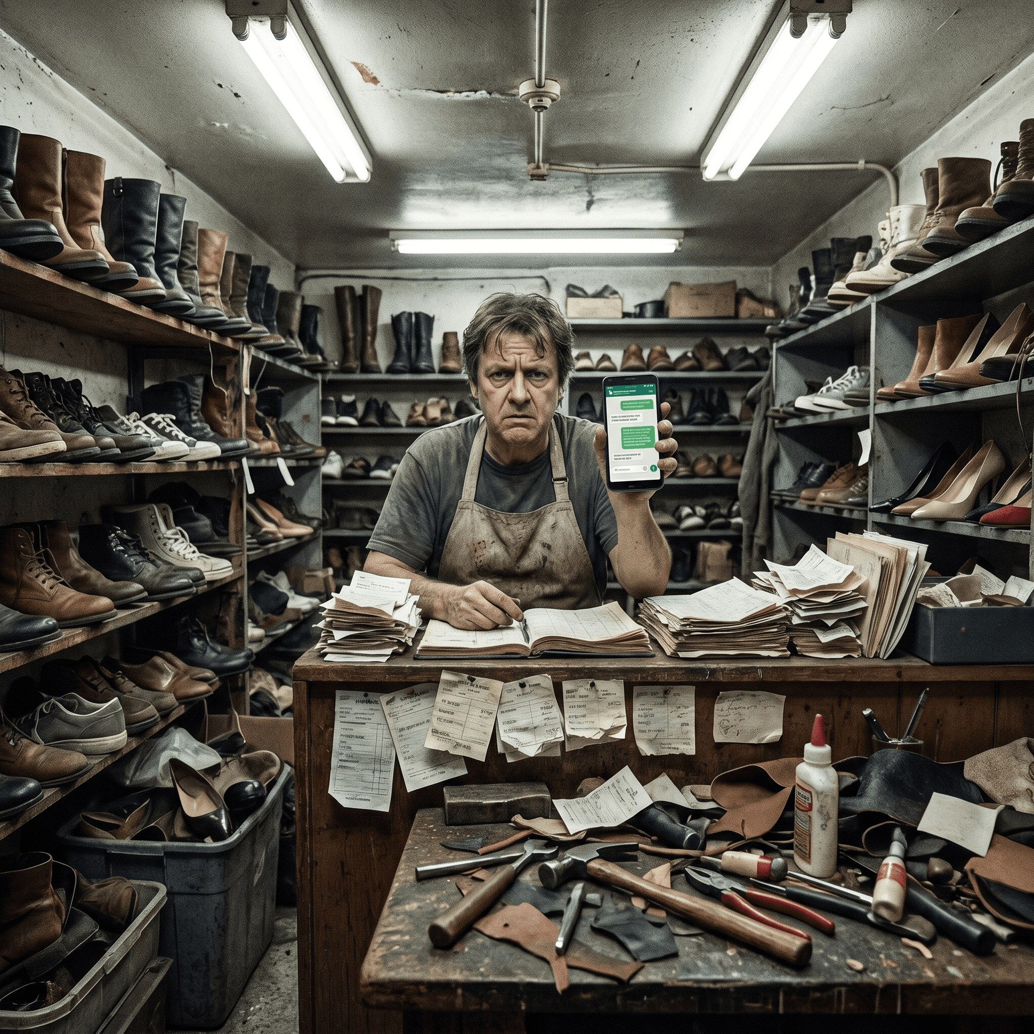 Chaotic shoe repair shop with paper tickets and WhatsApp confusion