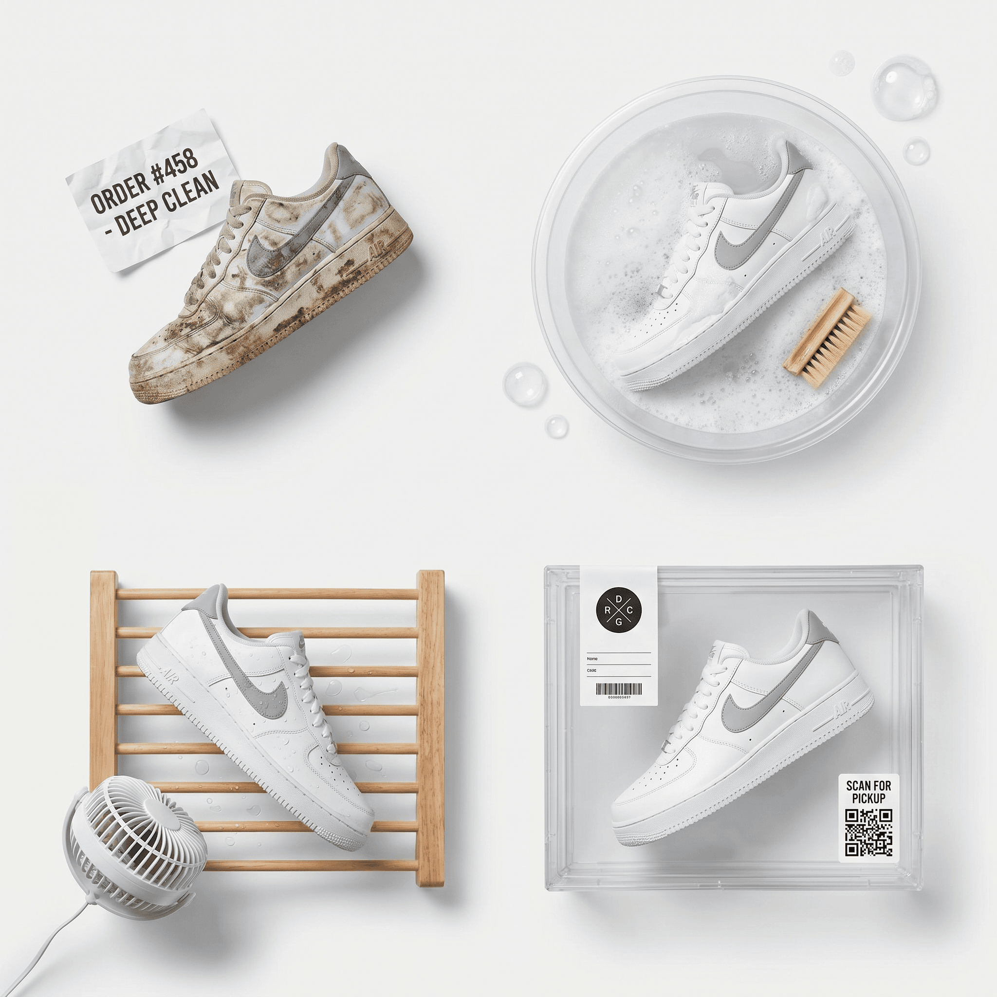 Four stages of shoe cleaning: intake with order tag, washing, drying, ready for pickup with QR code